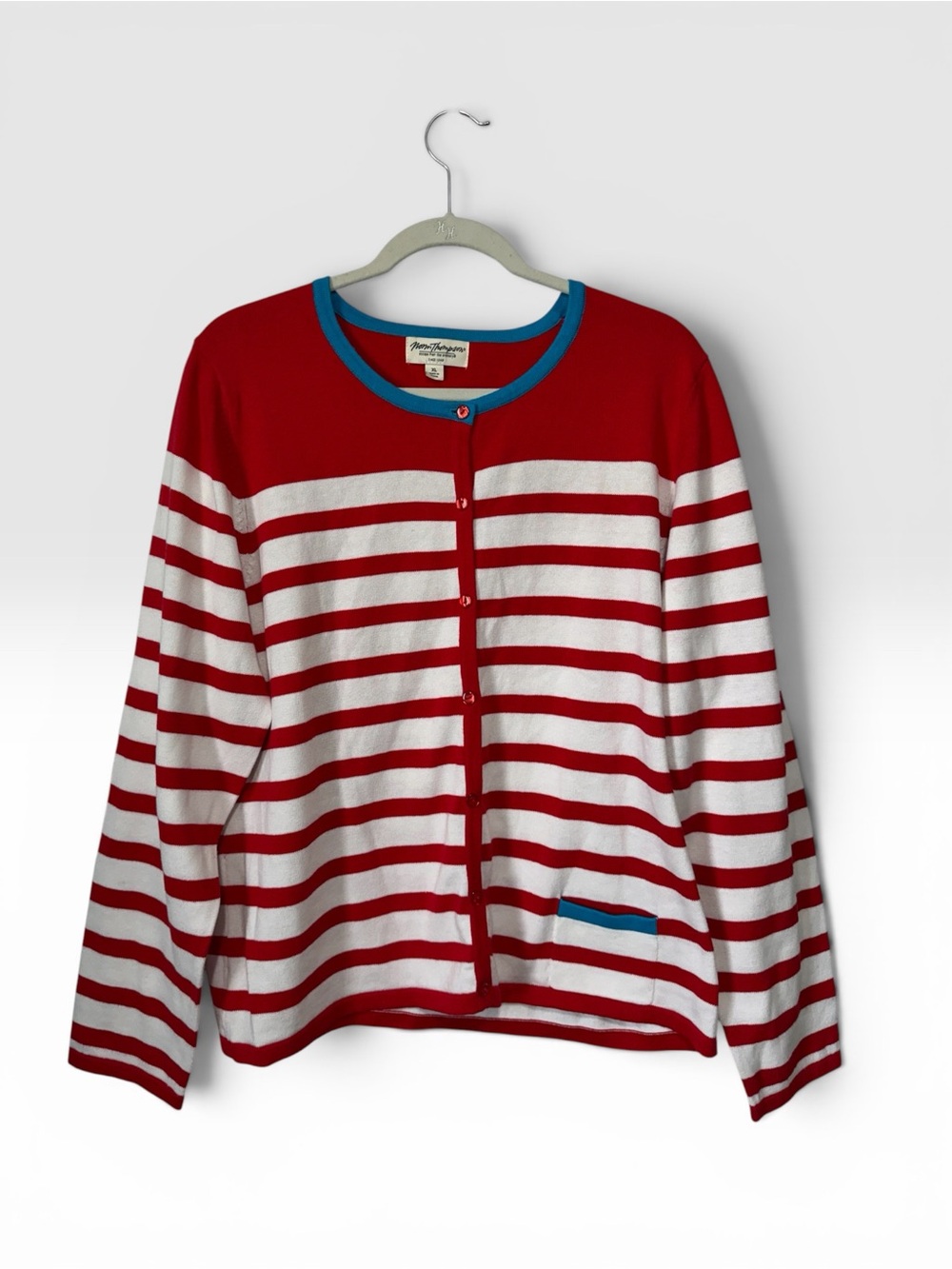 Norm Thompson 100% Cotton Preppy Costal Grandma Red White Blue Cardigan Size XL